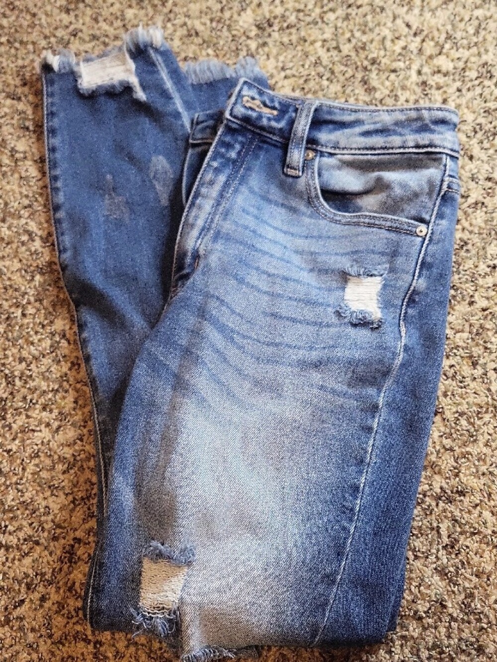 KanCan Medium Blue Distressed Skinny Jeans with Frayed Ankles - Picture 2 of 9